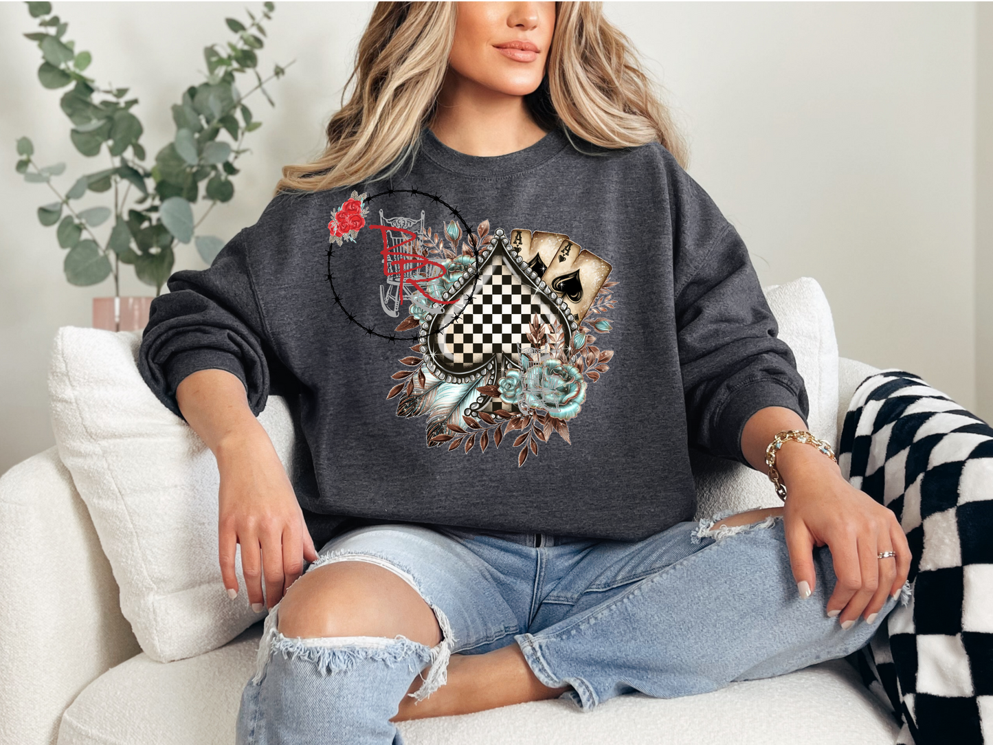 Vintage Turquoise Spade Black & White Floral Western Card Sweatshirt Crew