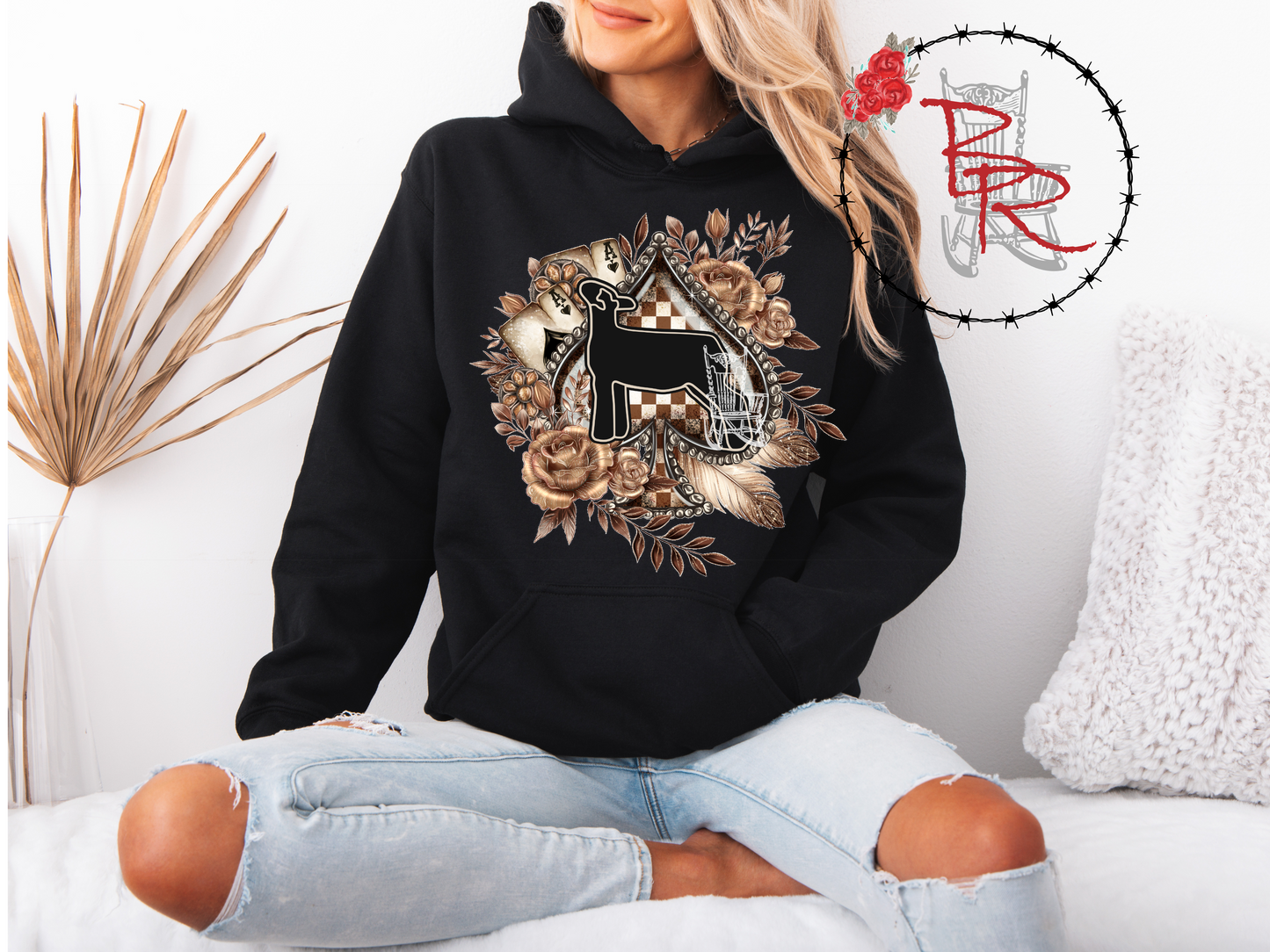 Stockshow Lamb Spade Brown & Cream Floral Western Card Hoodie