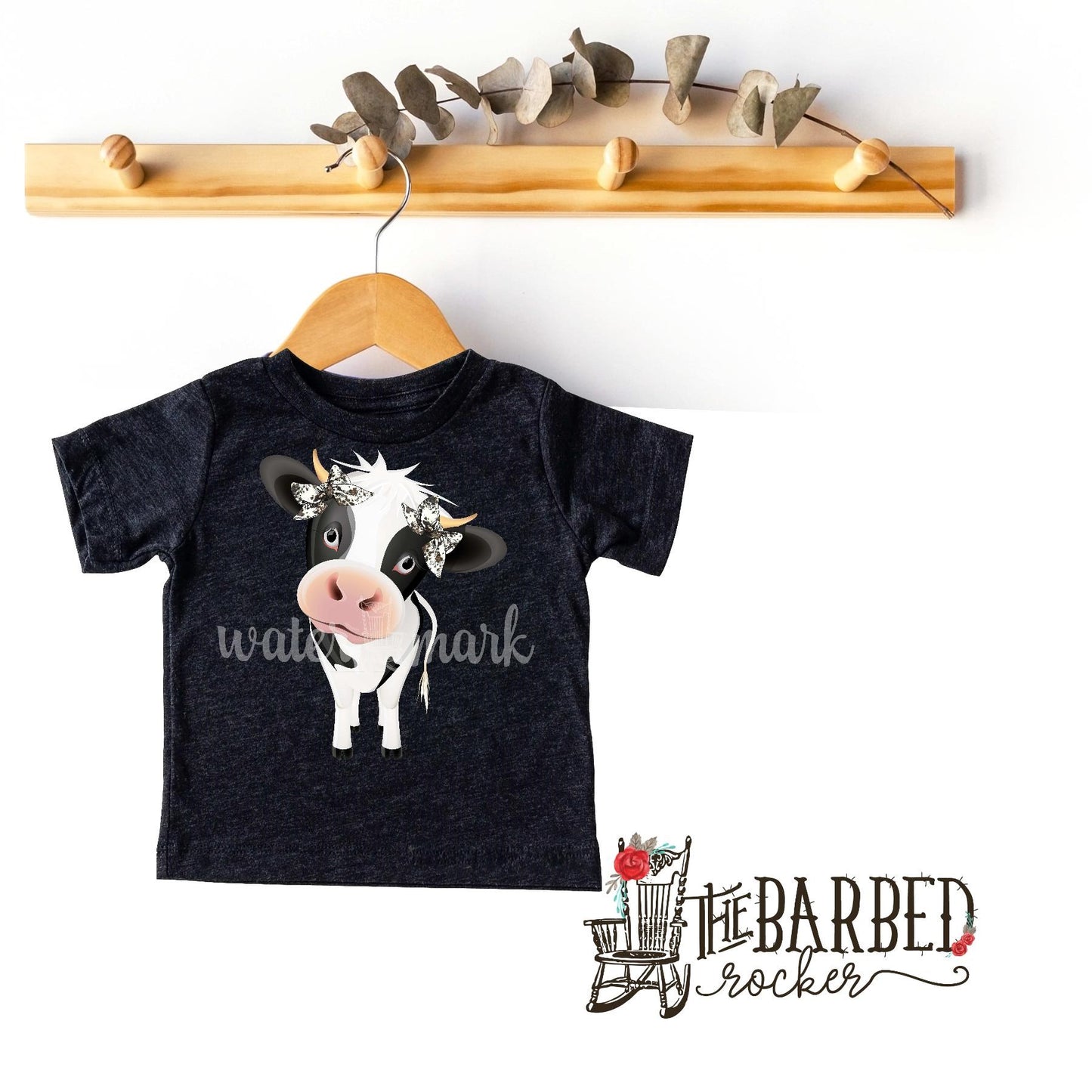 Toddler Cow with Cowhide Turquoise Pigtail Bows T-Shirt Show Girl