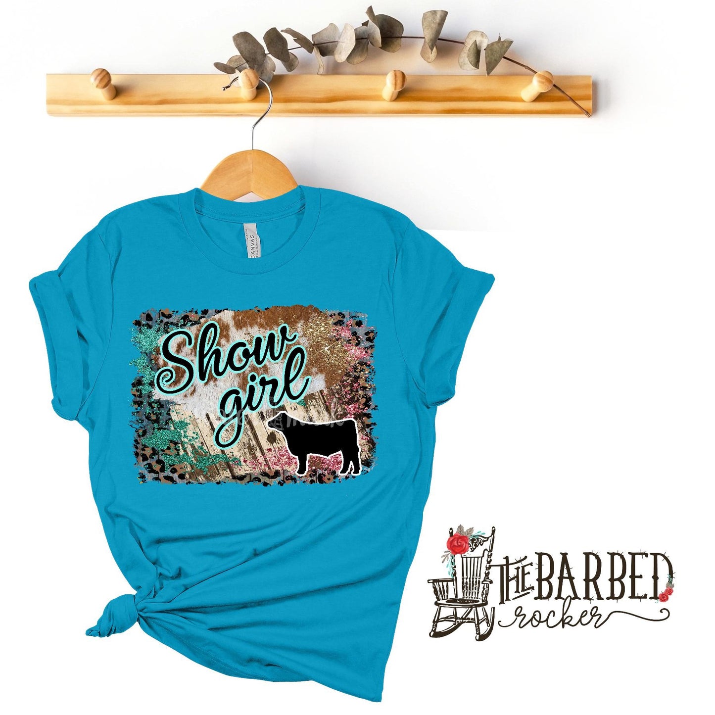 Youth Turquoise Pink "Show Girl" Steer Stockshow Show Mom T-Shirt