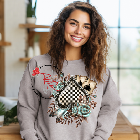 Vintage Turquoise Spade Black & White Floral Western Card Sweatshirt Crew