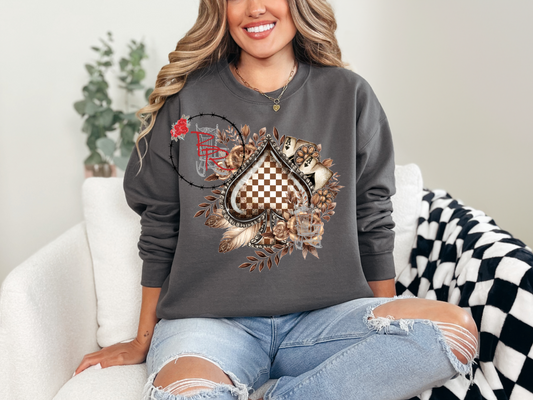 Vintage Turquoise Spade Brown & Cream Floral Western Card Sweatshirt Crew