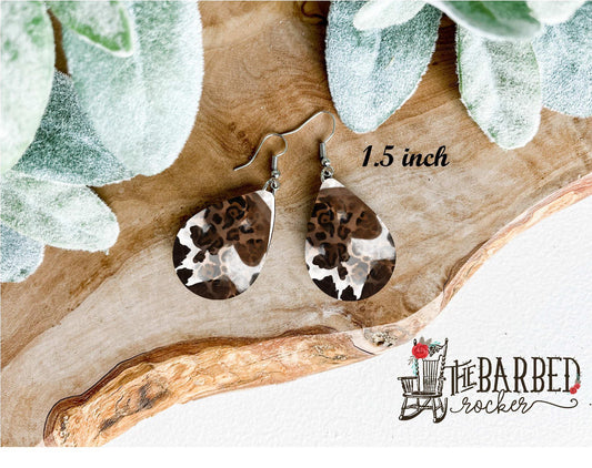 Earrings 1.5 inch Lightweight Faux Cowhide Leopard Leather Teardrop Earrings