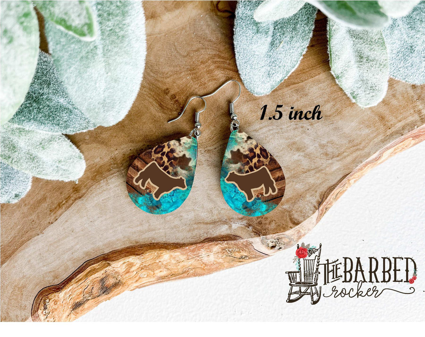 Earrings 1.5 Inch Lightweight Faux Boer Goat Turquoise Leopard Leather Teardrop Earrings
