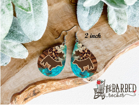 Earrings 2 Inch Lightweight Faux Heifer Turquoise Leopard Leather Teardrop Earrings