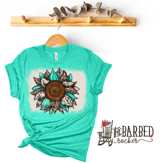 Bleached Cowhide Cheetah Turquoise Sunflower T-Shirt