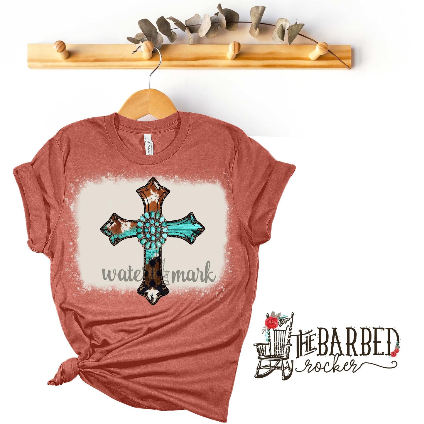 Bleached Cowhide Turquoise Cross T-Shirt Texas