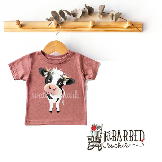 Toddler Cow with Cowhide Turquoise Pigtail Bows T-Shirt Show Girl
