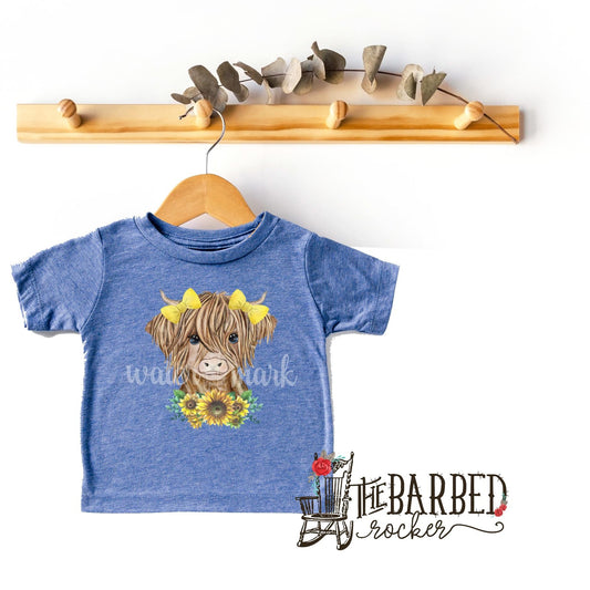Toddler Highland Cow with Yellow Pigtails and Sunflowers T-Shirt