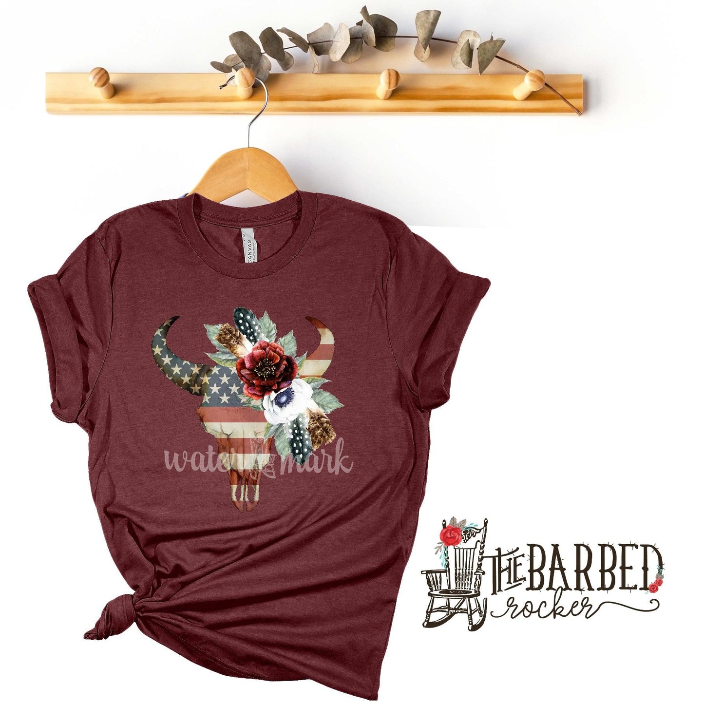 Patriotic American Bull Skull w Flowers / Feathers T-Shirt 4th of July, Americana, Celebration
