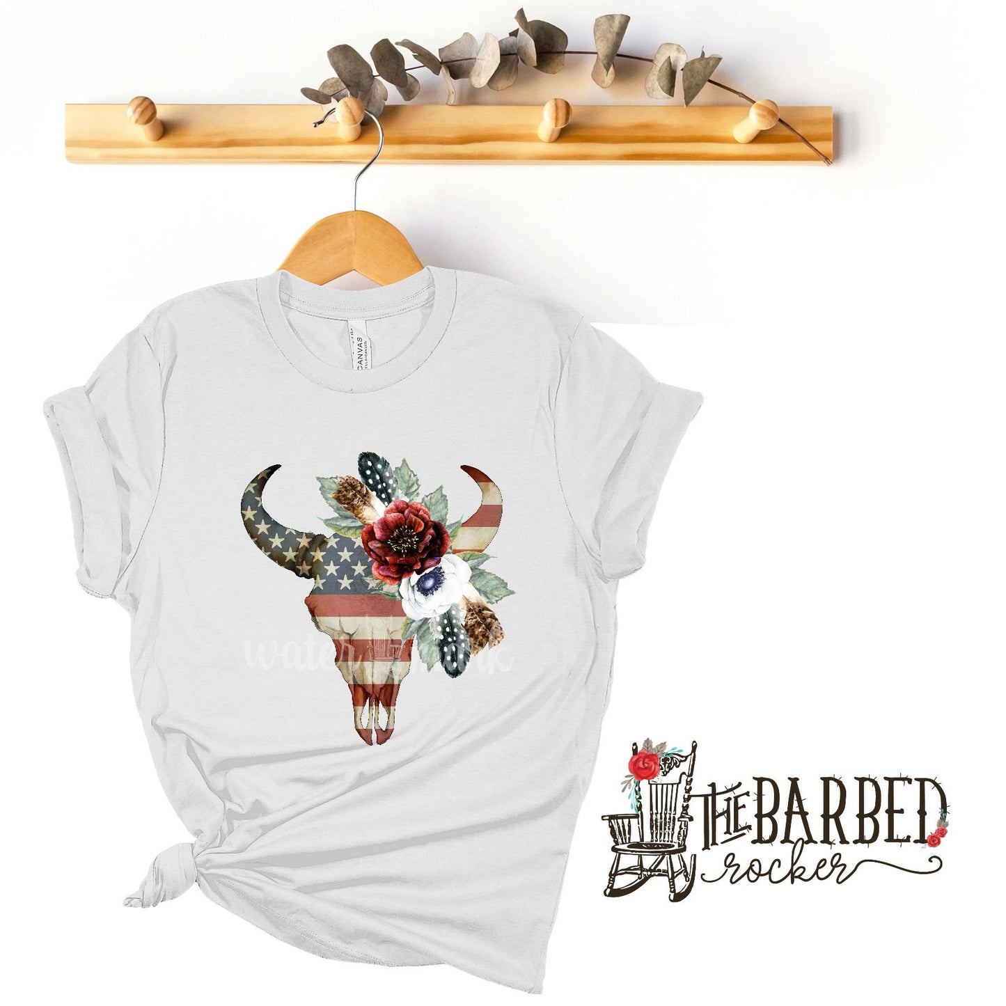 Patriotic American Bull Skull w Flowers / Feathers T-Shirt 4th of July, Americana, Celebration